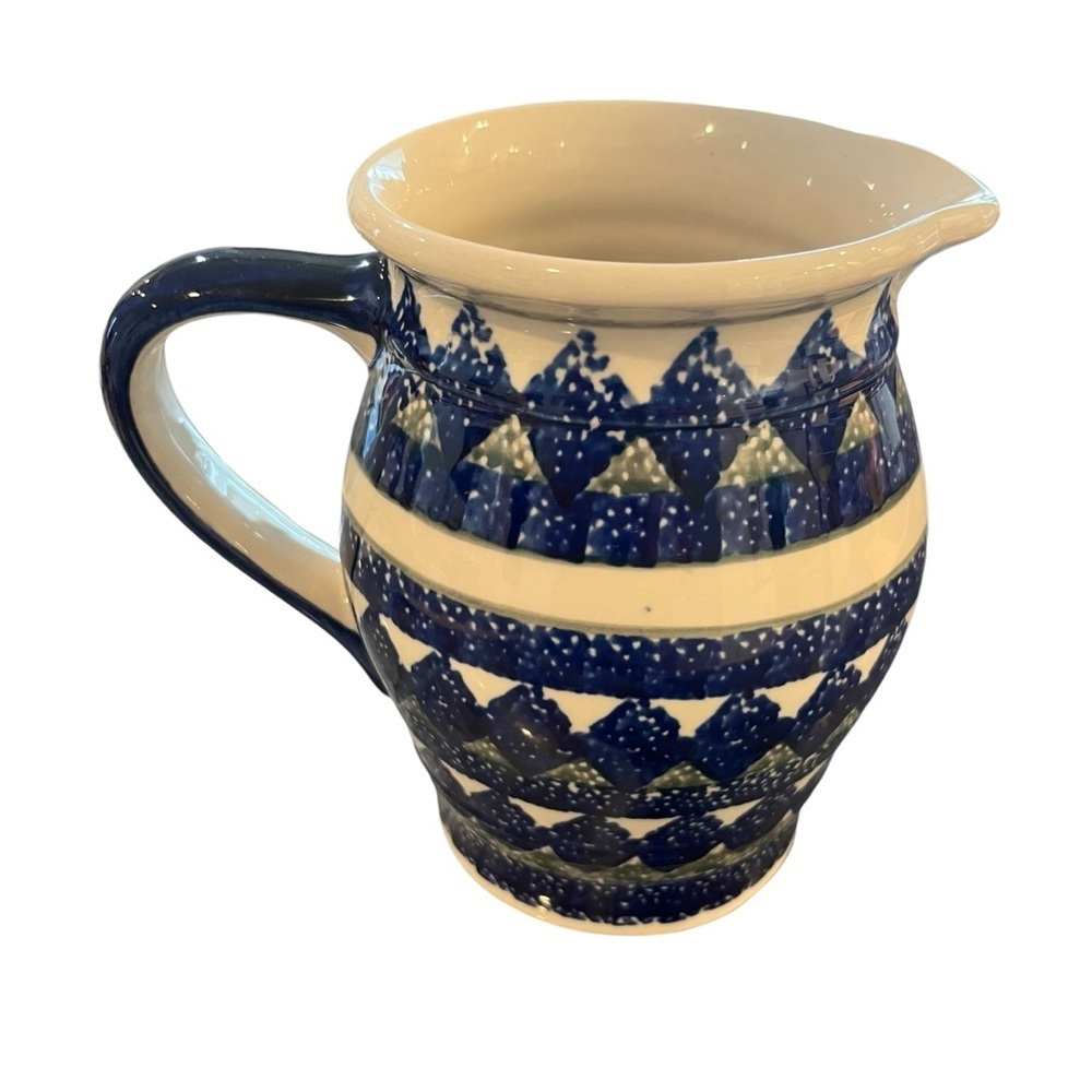 Boleslawiec Pitcher Jug Polish Pottery Blue Triangle Water Juice Tea Milk 32oz.